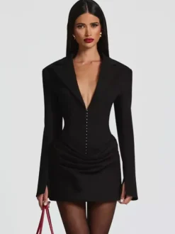 Robe blazer mini moulante à manches longues froncées et revers cranté pour femme 2026