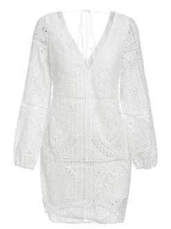 Robe bohème en dentelle blanche pour femme - Robe mini dos nu à manches longues et col en V - Tenue de vacances d'été à la plage 2026