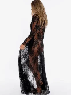 Robe Bohème Longue Femme avec Manches Longues Coupe Cintrée Unicolore