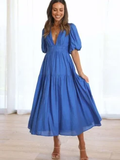 Robe Boho Robe d'été plissée à manches courtes et col en V