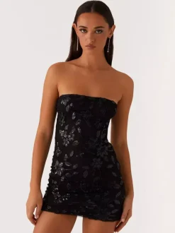Robe bustier mini à sequins et fleurs pour femme - Robe tube élégante et moulante - Idéale pour une soirée cocktail estivale 2026