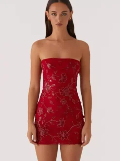 Robe bustier mini à sequins et fleurs pour femme - Robe tube élégante et moulante - Idéale pour une soirée cocktail estivale 2026