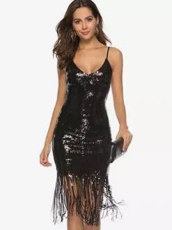 Robe Charleston Robe Année 20 Robe de Soirée Années 1920 robes flapper Great Gatsby femmes frange col en V costumes vintage robe Déguisements Halloween