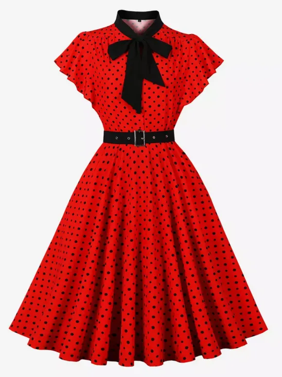 Robe chemise à pois avec ceinture et lien manches flottantes robe mi-longue vintage pour femme 2026