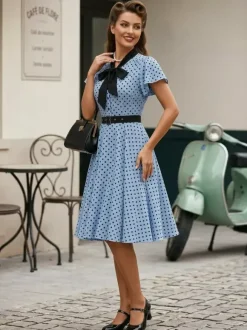 Robe chemise à pois avec ceinture et lien manches flottantes robe mi-longue vintage pour femme 2026