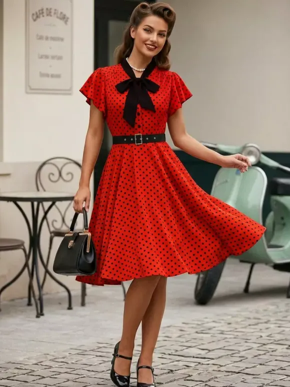 Robe chemise à pois avec ceinture et lien manches flottantes robe mi-longue vintage pour femme 2026