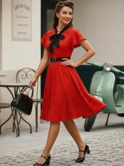 Robe chemise à pois avec ceinture et lien manches flottantes robe mi-longue vintage pour femme 2026