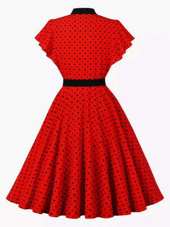 Robe chemise à pois avec ceinture et lien manches flottantes robe mi-longue vintage pour femme 2026