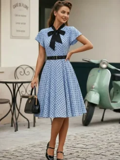 Robe chemise à pois avec ceinture et lien manches flottantes robe mi-longue vintage pour femme 2026