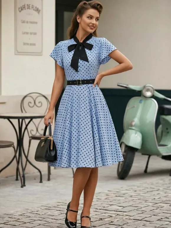 Robe chemise à pois avec ceinture et lien manches flottantes robe mi-longue vintage pour femme 2026