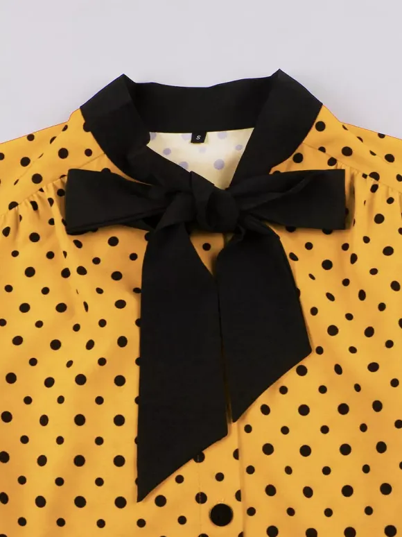 Robe chemise à pois avec ceinture et lien manches flottantes robe mi-longue vintage pour femme 2026