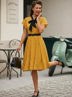 Robe chemise à pois avec ceinture et lien manches flottantes robe mi-longue vintage pour femme 2026