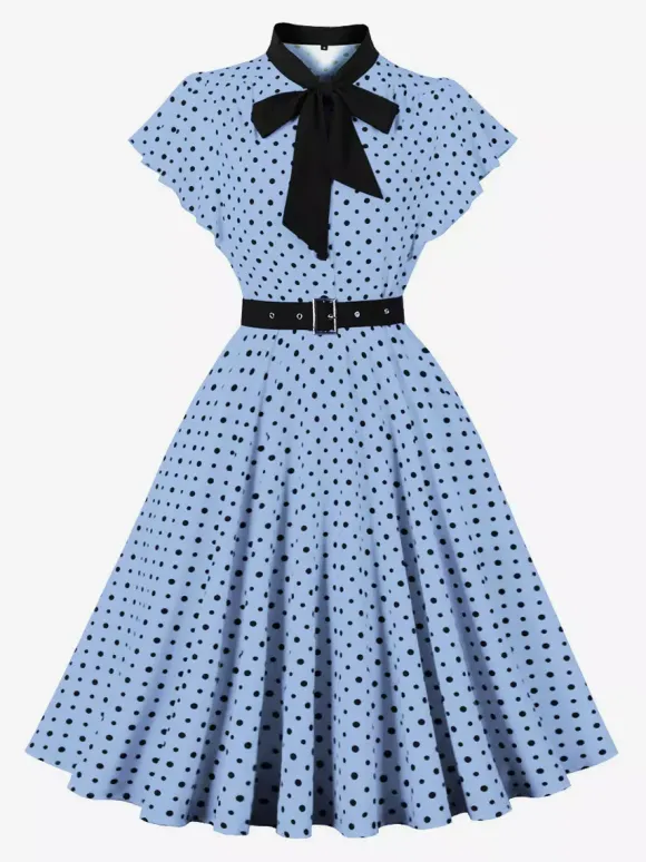 Robe chemise à pois avec ceinture et lien manches flottantes robe mi-longue vintage pour femme 2026