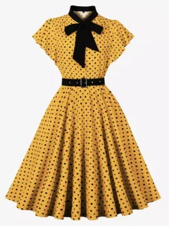 Robe chemise à pois avec ceinture et lien manches flottantes robe mi-longue vintage pour femme 2026