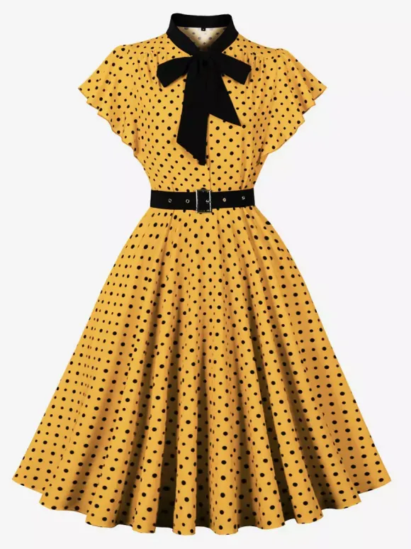 Robe chemise à pois avec ceinture et lien manches flottantes robe mi-longue vintage pour femme 2026