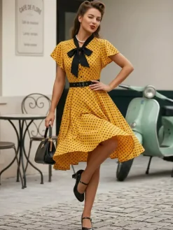 Robe chemise à pois avec ceinture et lien manches flottantes robe mi-longue vintage pour femme 2026