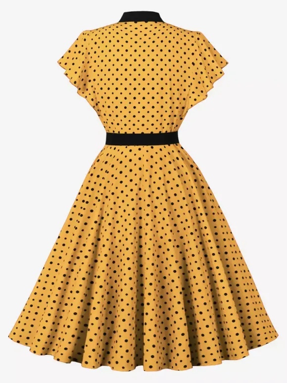 Robe chemise à pois avec ceinture et lien manches flottantes robe mi-longue vintage pour femme 2026