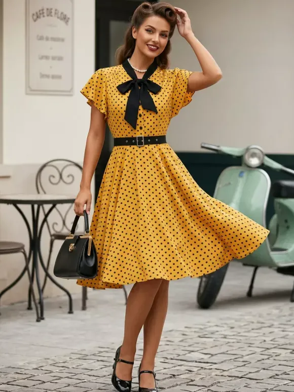 Robe chemise à pois avec ceinture et lien manches flottantes robe mi-longue vintage pour femme 2026