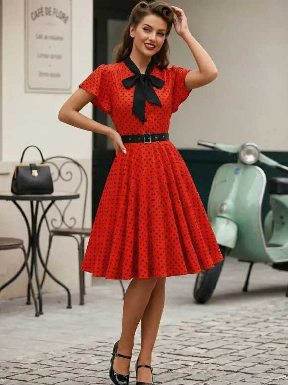 Robe chemise à pois avec ceinture et lien manches flottantes robe mi-longue vintage pour femme 2026