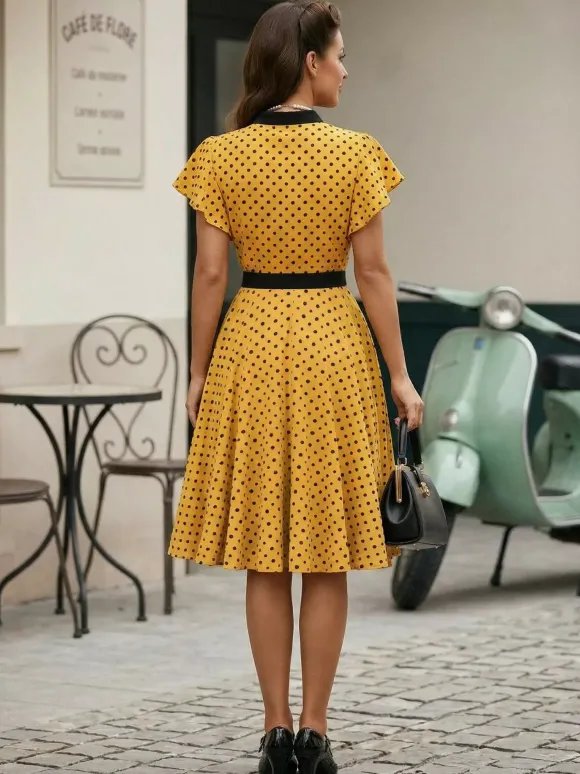 Robe chemise à pois avec ceinture et lien manches flottantes robe mi-longue vintage pour femme 2026