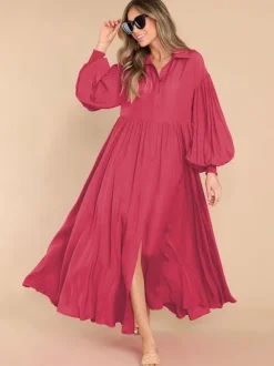 Robe chemise maxi bohème pour femme - Robe fluide décontractée à manches bouffantes - Tenue d'été pour les vacances à la plage et les soirées 2026