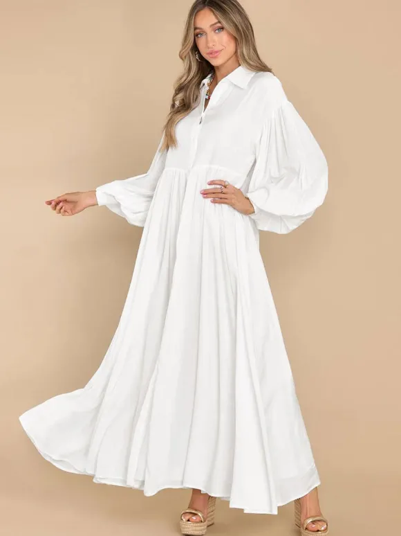 Robe chemise maxi bohème pour femme - Robe fluide décontractée à manches bouffantes - Tenue d'été pour les vacances à la plage et les soirées 2026
