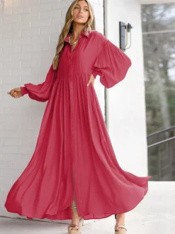 Robe chemise maxi bohème pour femme - Robe fluide décontractée à manches bouffantes - Tenue d'été pour les vacances à la plage et les soirées 2026