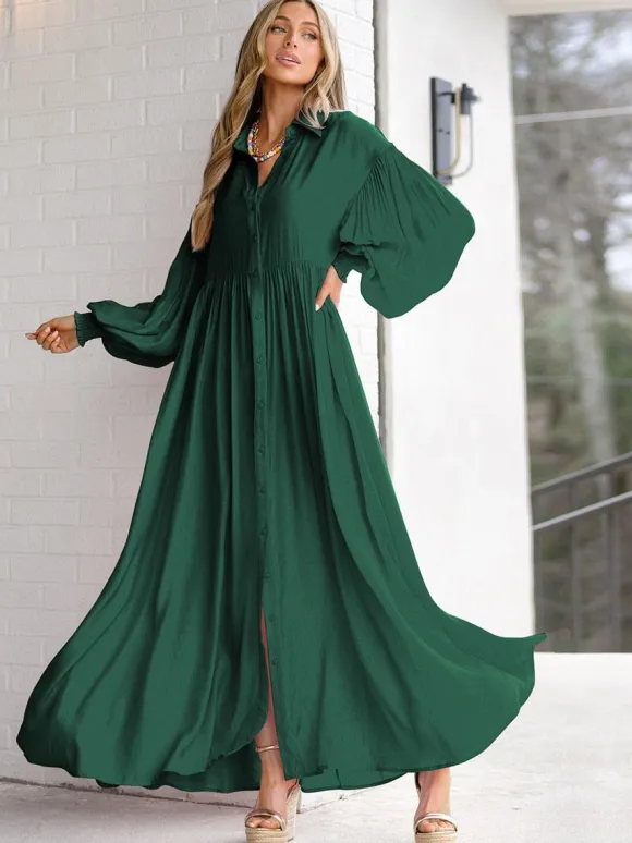 Robe chemise maxi bohème pour femme - Robe fluide décontractée à manches bouffantes - Tenue d'été pour les vacances à la plage et les soirées 2026