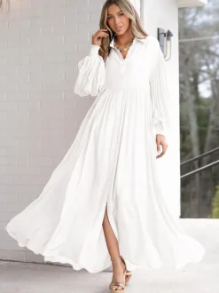 Robe chemise maxi bohème pour femme - Robe fluide décontractée à manches bouffantes - Tenue d'été pour les vacances à la plage et les soirées 2026