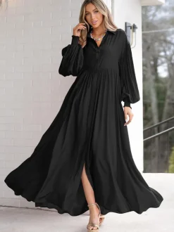 Robe chemise maxi bohème pour femme - Robe fluide décontractée à manches bouffantes - Tenue d'été pour les vacances à la plage et les soirées 2026