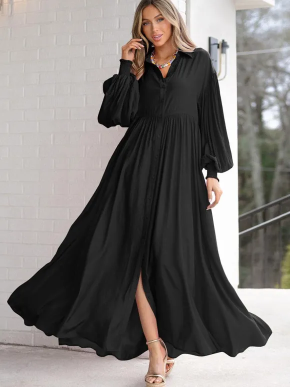 Robe chemise maxi bohème pour femme - Robe fluide décontractée à manches bouffantes - Tenue d'été pour les vacances à la plage et les soirées 2026
