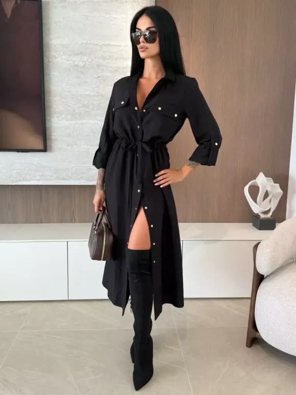 Robe chemise midi boutonnée à cordon de serrage à la taille pour femme 2026