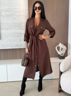 Robe chemise midi boutonnée à cordon de serrage à la taille pour femme 2026