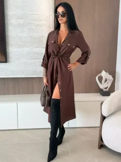 Robe chemise midi boutonnée à cordon de serrage à la taille pour femme 2026