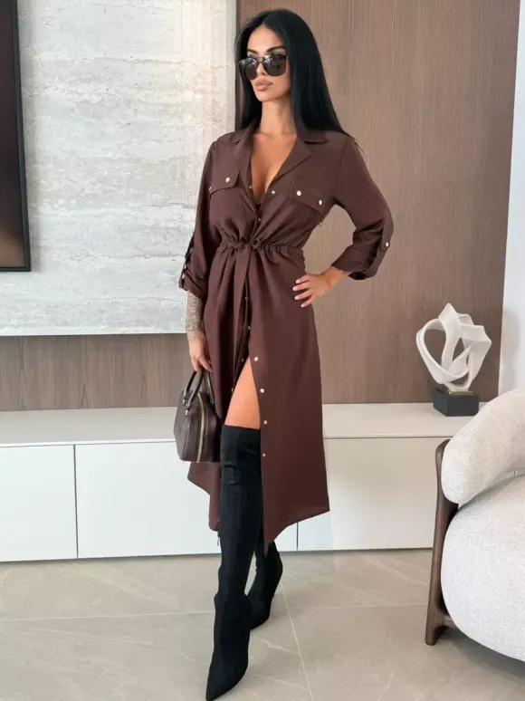 Robe chemise midi boutonnée à cordon de serrage à la taille pour femme 2026
