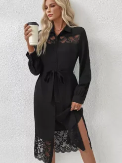 Robe chemise mi-longue à manches longues bordure en dentelle ceinture et fente latérale automne 2026
