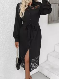 Robe chemise mi-longue à manches longues bordure en dentelle ceinture et fente latérale automne 2026
