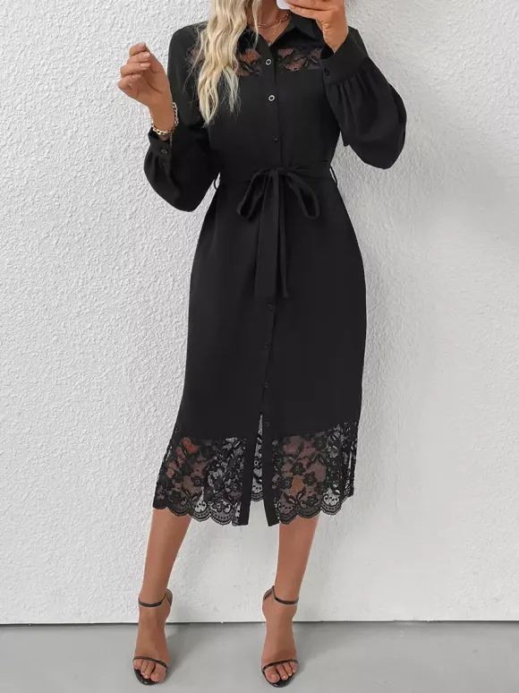 Robe chemise mi-longue à manches longues bordure en dentelle ceinture et fente latérale automne 2026