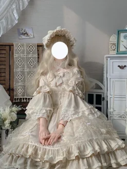Robe Classique Lolita OP Abricot Clair Manches 3/4 En Dentelle Plissée Volants Tea Party Lolita Robe Une Pièce
