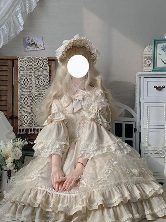 Robe Classique Lolita OP Abricot Clair Manches 3/4 En Dentelle Plissée Volants Tea Party Lolita Robe Une Pièce