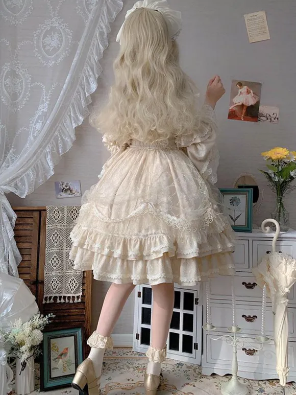 Robe Classique Lolita OP Abricot Clair Manches 3/4 En Dentelle Plissée Volants Tea Party Lolita Robe Une Pièce