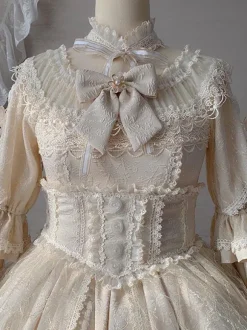 Robe Classique Lolita OP Abricot Clair Manches 3/4 En Dentelle Plissée Volants Tea Party Lolita Robe Une Pièce