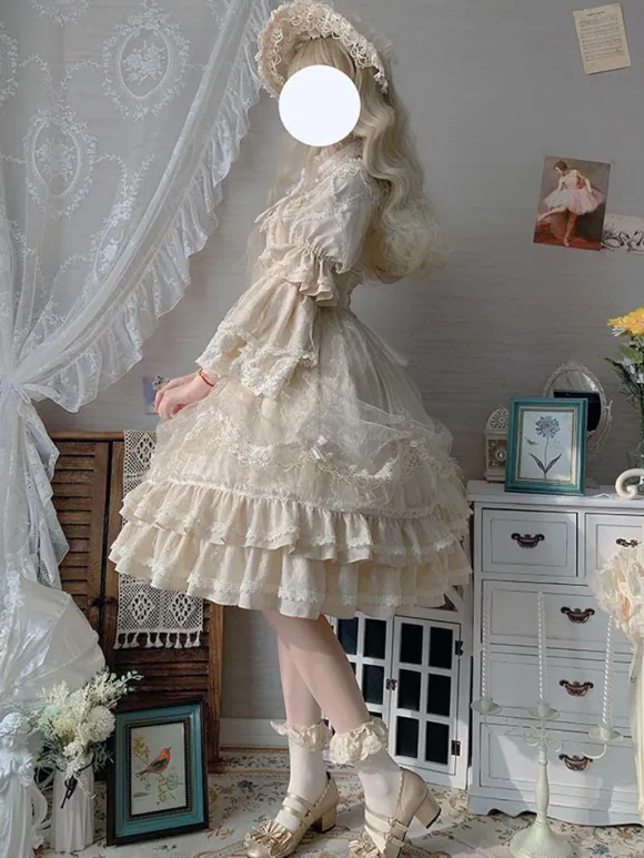 Robe Classique Lolita OP Abricot Clair Manches 3/4 En Dentelle Plissée Volants Tea Party Lolita Robe Une Pièce
