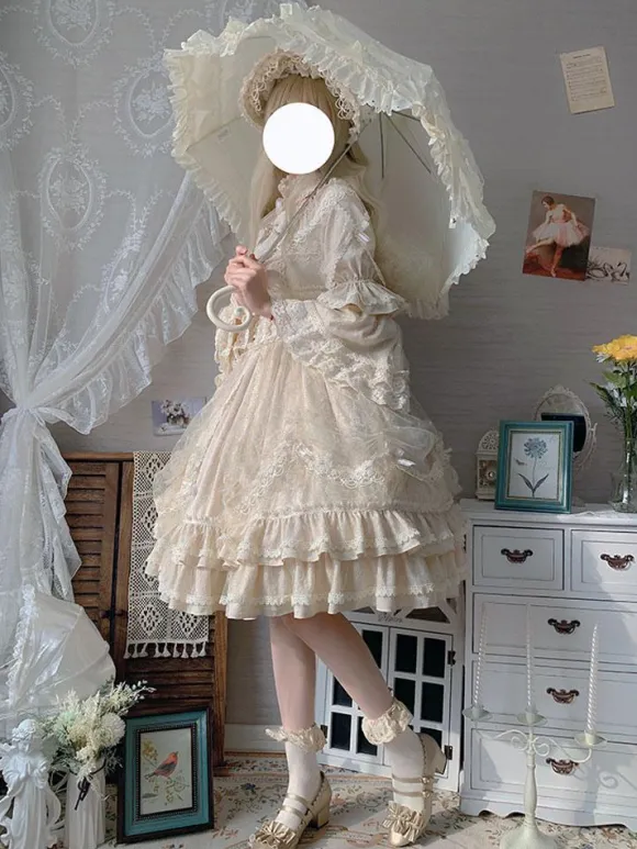 Robe Classique Lolita OP Abricot Clair Manches 3/4 En Dentelle Plissée Volants Tea Party Lolita Robe Une Pièce