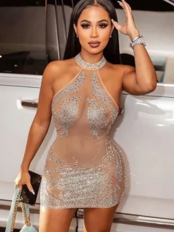 Robe Club Pour Femme Abricot Col Haut Paillettes Sans Manches Robe Sexy Transparente