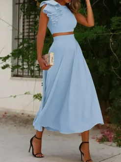 Robe cocktail élégante deux pièces longueur thé col rond plissée