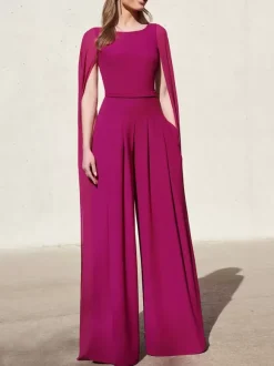 Robe cocktail mariage combinaison de soirée col rond zip sur dos cape longue