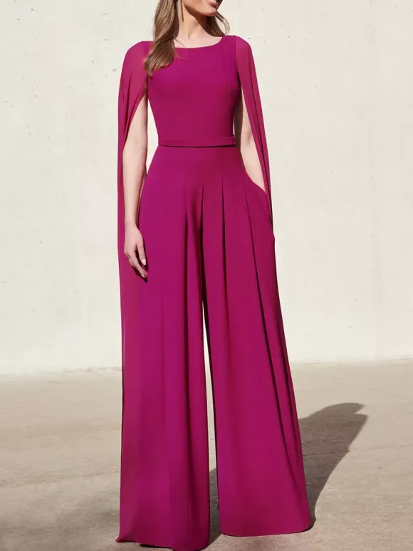 Robe cocktail mariage combinaison de soirée col rond zip sur dos cape longue