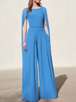 Robe cocktail mariage combinaison de soirée col rond zip sur dos cape longue