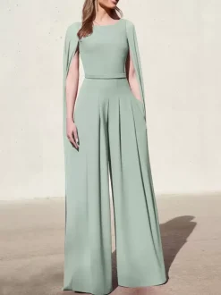 Robe cocktail mariage combinaison de soirée col rond zip sur dos cape longue